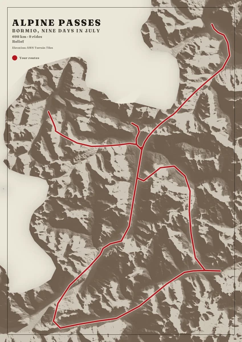 Portrait poster of the valleys around Bormio on bone paper, the Italian Alps drawn as single-tone ink relief so nothing but landform shows, with Switzerland left as blank paper. A bold crimson loop climbs over the passes and back down the valleys. The title reads Alpine passes.