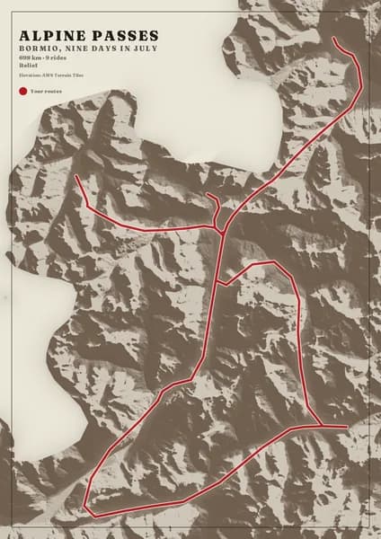 Portrait poster of the valleys around Bormio on bone paper, the Italian Alps drawn as single-tone ink relief so nothing but landform shows, with Switzerland left as blank paper. A bold crimson loop climbs over the passes and back down the valleys. The title reads Alpine passes.