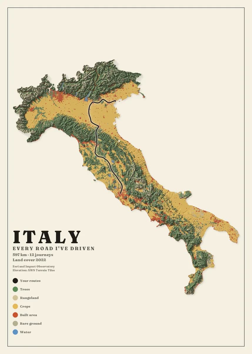Portrait poster of Italy on cream paper, the peninsula cut out of the sheet and painted by land cover — green Alpine and Apennine forest against the ochre crops of the Po valley and the south — over shaded relief. A black route runs down the spine of the country from the north. The title reads Italy.