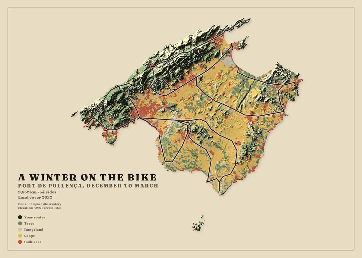 Landscape poster of Mallorca on sand paper, the island cut out of the sheet and painted by land cover — the dark green Serra de Tramuntana along the north-west coast, ochre crops across the central plain, red built areas around Palma — over strong shaded relief. Black riding loops cover the mountain road and the plain. The title reads A winter on the bike.