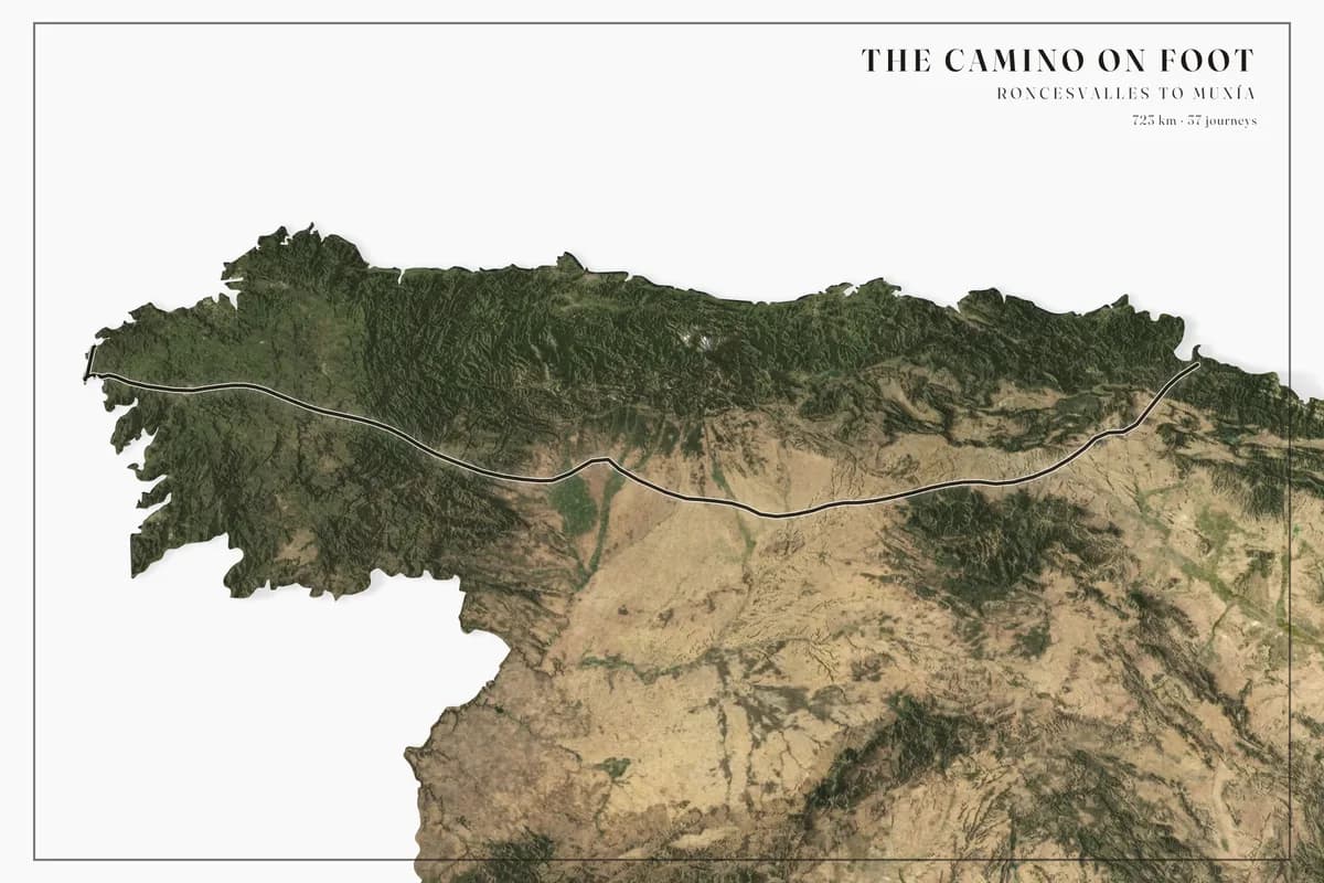 Landscape poster of northern Spain in true-colour satellite imagery on a white background — the green Atlantic coast and Cantabrian mountains giving way to the tan Meseta — with the Camino as one dark line from Roncesvalles to the Galician coast. The title reads The Camino on foot.
