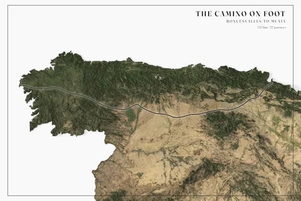 Landscape poster of northern Spain in true-colour satellite imagery on a white background — the green Atlantic coast and Cantabrian mountains giving way to the tan Meseta — with the Camino as one dark line from Roncesvalles to the Galician coast. The title reads The Camino on foot.