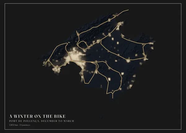 Landscape poster of Mallorca at night on a black background — the glow of Palma and the island's towns over faint dark relief — with gold riding loops across the island. The title reads A winter on the bike.