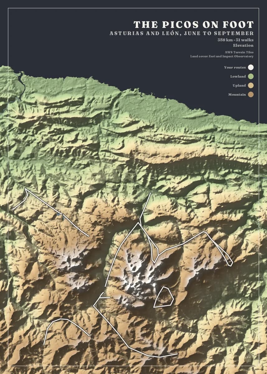 Portrait poster of the Picos de Europa on dark slate paper, the range coloured by elevation from green northern valleys through tan uplands to bare pale summits, with deep shaded relief across the gorges. White walking routes thread the valleys and ridges. The title reads The Picos on foot.