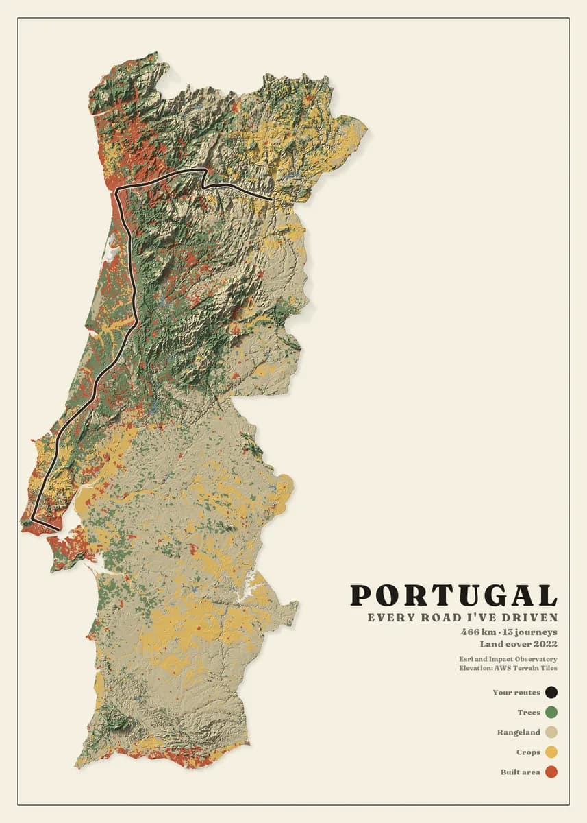 Portrait poster of Portugal on cream paper, the country cut out of the sheet and painted by land cover — dark green forest in the north, ochre crops in the Alentejo, red built areas along the coast — over shaded relief. A black route runs inland from Lisbon up to the Douro. The title reads Portugal.