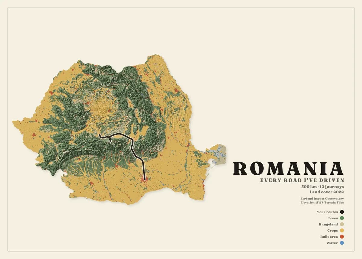 Landscape poster of Romania on cream paper, the country cut out of the sheet with the dark green arc of the Carpathians curling through ochre plains, over shaded relief. A black route crosses the mountains and drops south towards the Danube. The title reads Romania.