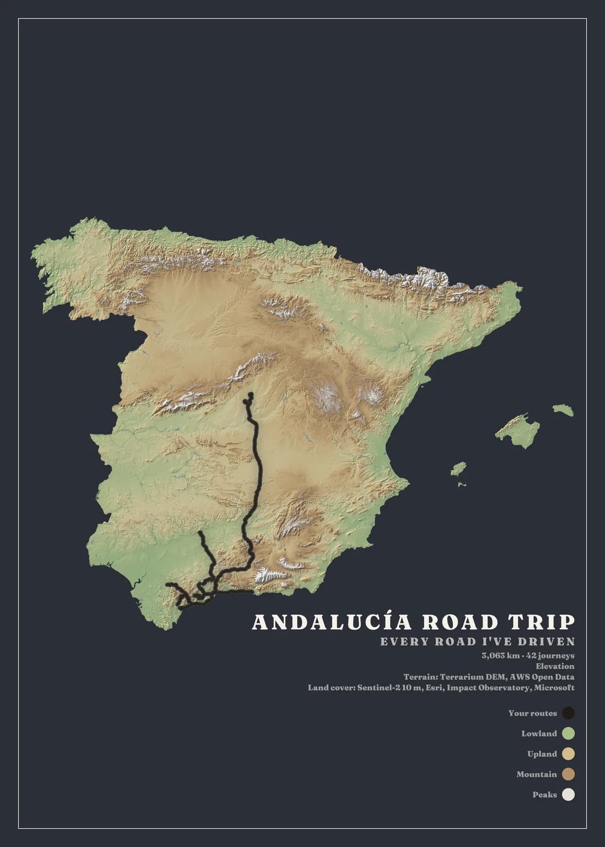 Portrait poster of Spain on dark slate paper. The country is cut out of the paper and coloured by elevation, from green lowlands through tan uplands to pale peaks, with shaded relief. A black route runs from the centre of the country south through Andalucía. The title reads Andalucía road trip, with a legend for routes, lowland, upland, mountain and peaks.