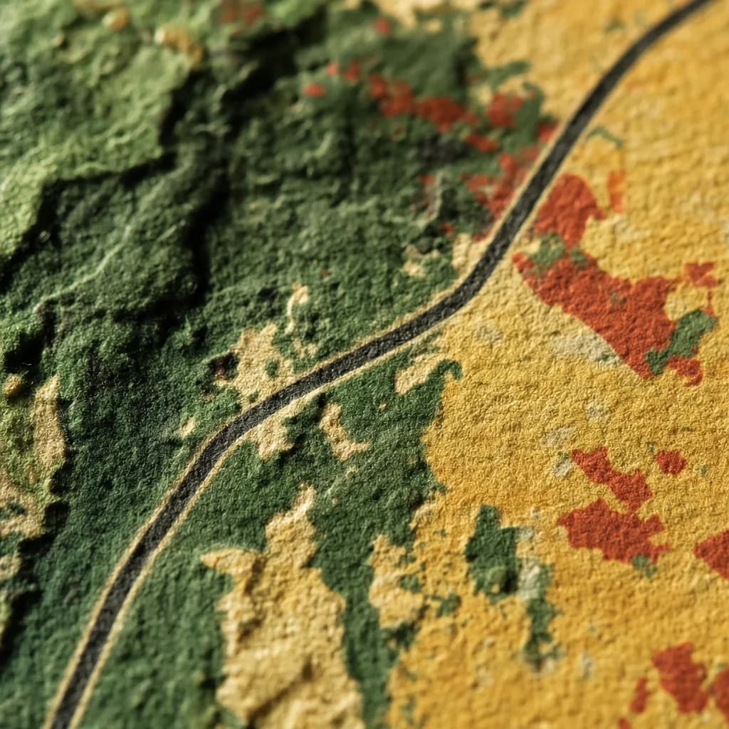 Extreme close crop of a single black route line printed across green forest and ochre crops on sand-coloured paper, the tooth of the cotton sheet visible fibre by fibre.