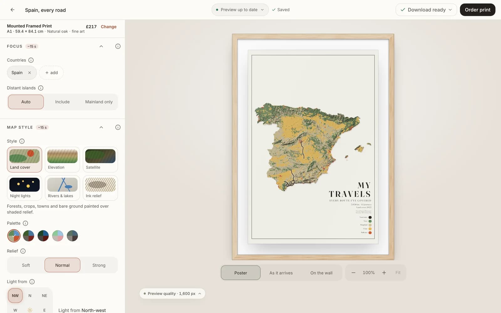 The Maps of You studio: map style and focus settings on the left, a live preview of a framed map of Spain on the right.