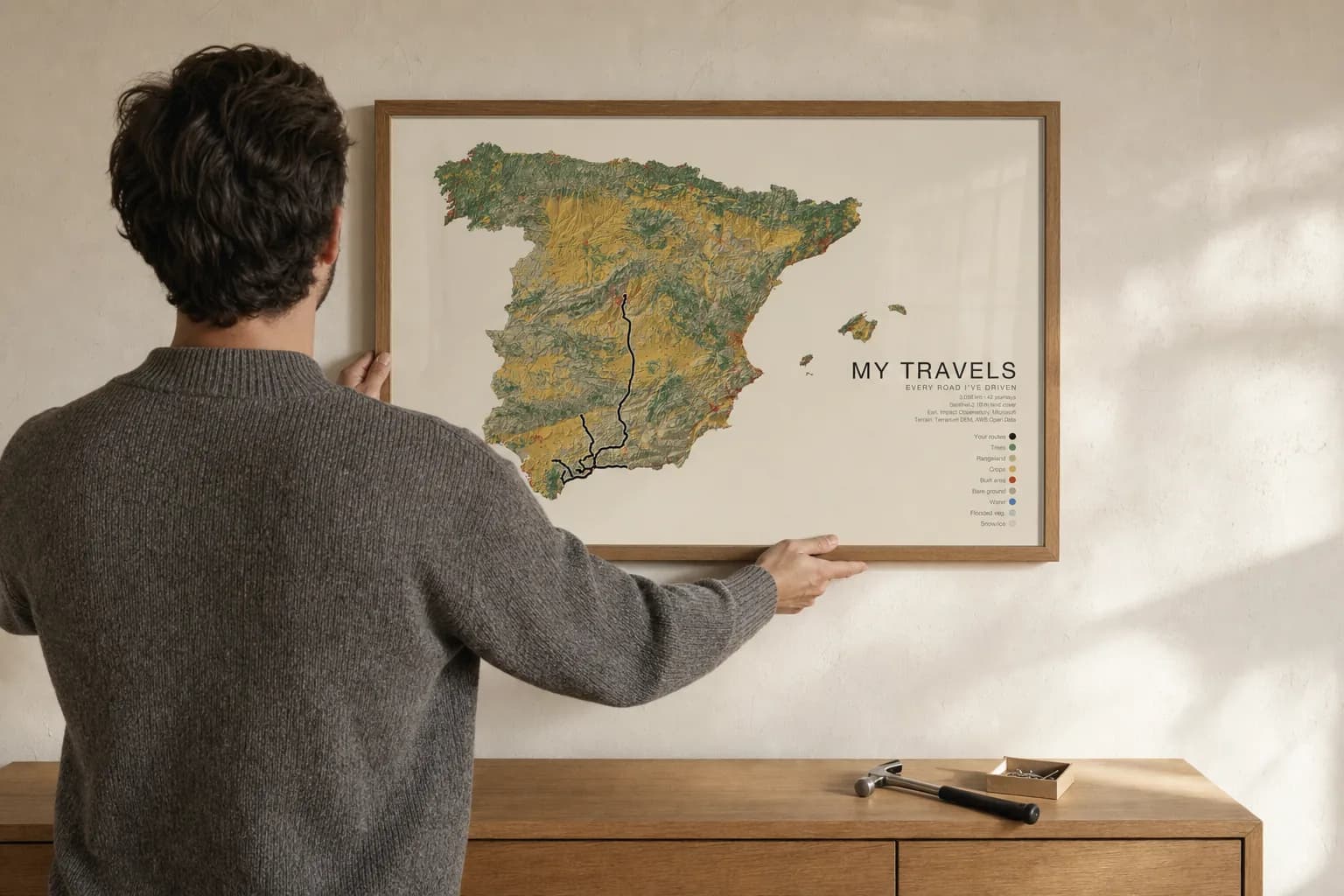 A man seen from behind hanging a framed land-cover map of Spain in a natural oak frame above a sideboard.