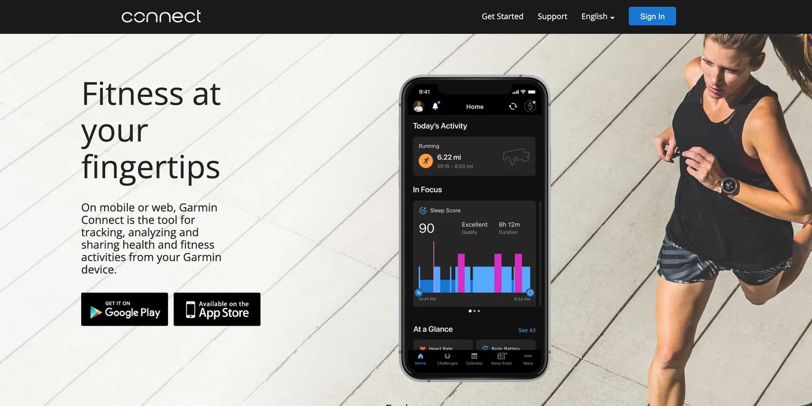 The signed-out connect.garmin.com landing page, with a Sign In button at the top right.