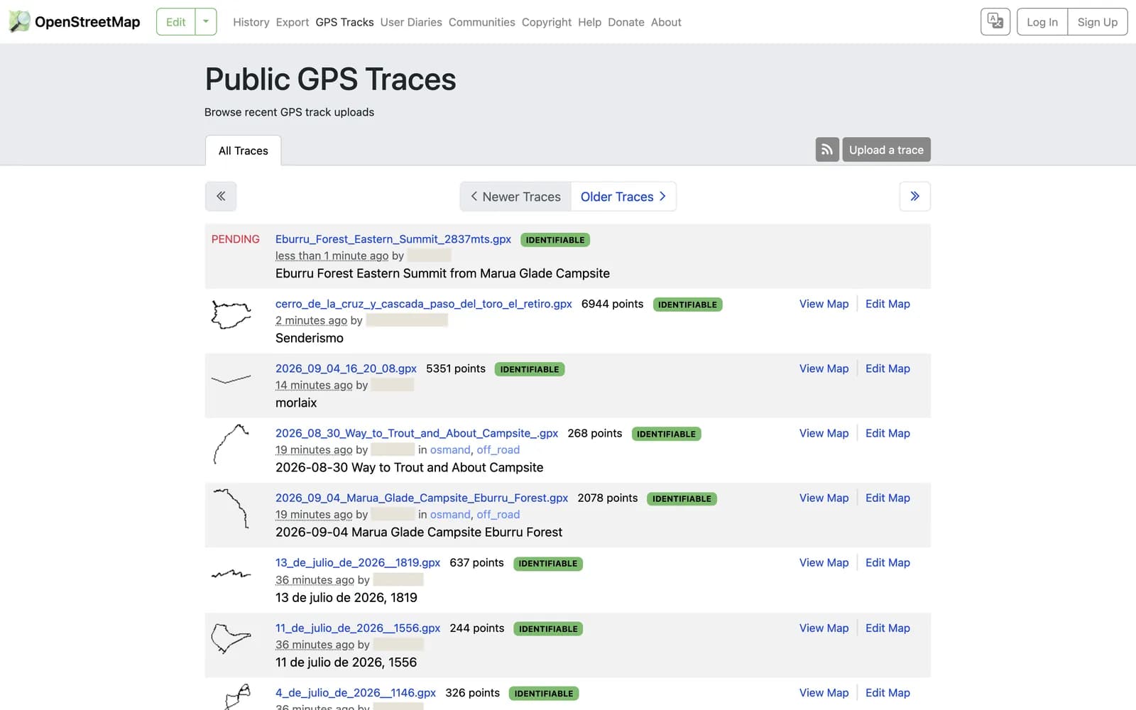 The OpenStreetMap public GPS traces list, showing GPX filenames, point counts and thumbnail track shapes.