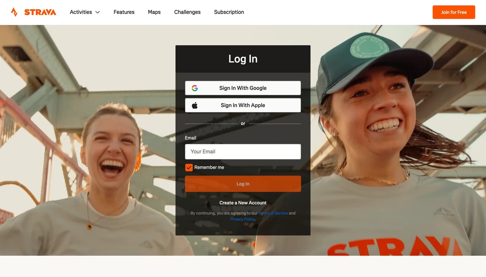 The Strava log-in page, with Sign In With Google, Sign In With Apple and an email field.