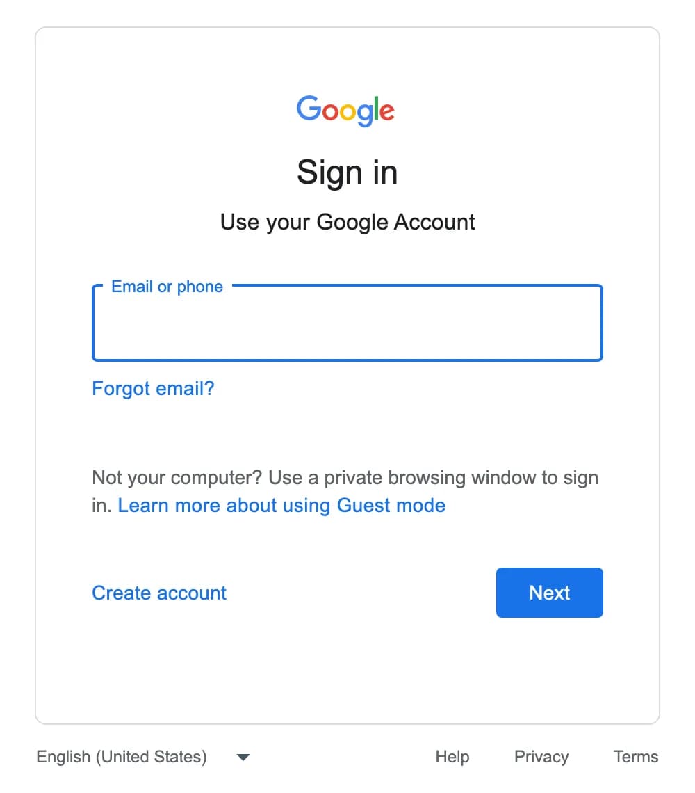 A Google Accounts sign-in card: the Google wordmark, the heading “Sign in”, the line “Use your Google Account”, an empty Email or phone field, a “Forgot email?” link, a note about private browsing, and Create account and Next buttons.